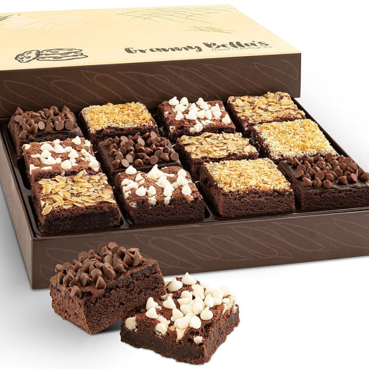 A gourmet brownie gift box featuring an assortment of rich chocolate brownies topped with chocolate chips, nuts, coconut, and white chocolate.