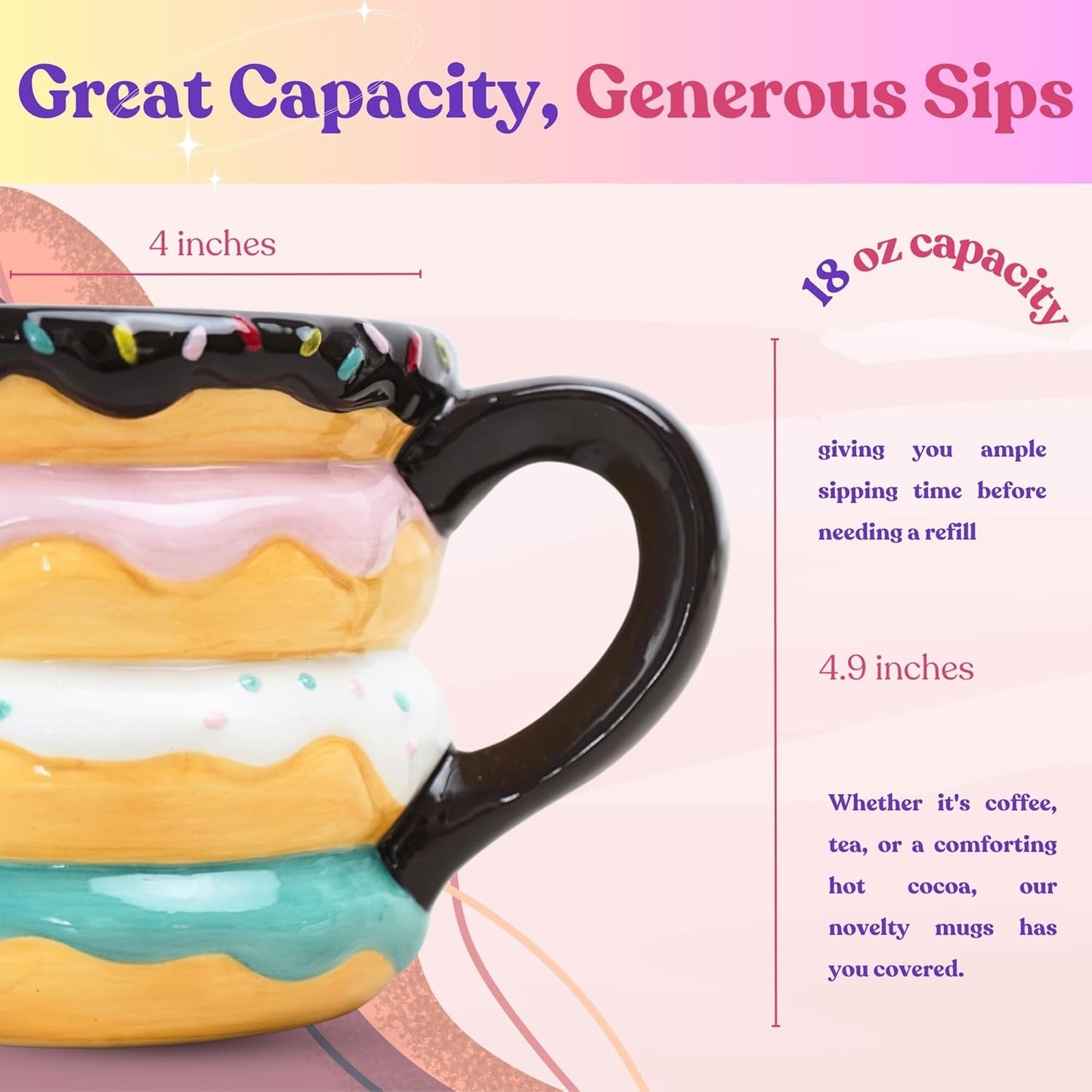 Donut-shaped ceramic mug with chocolate glaze and pastel frosting design, featuring an 18 oz capacity, 4-inch width, and 4.9-inch height for generous sips.