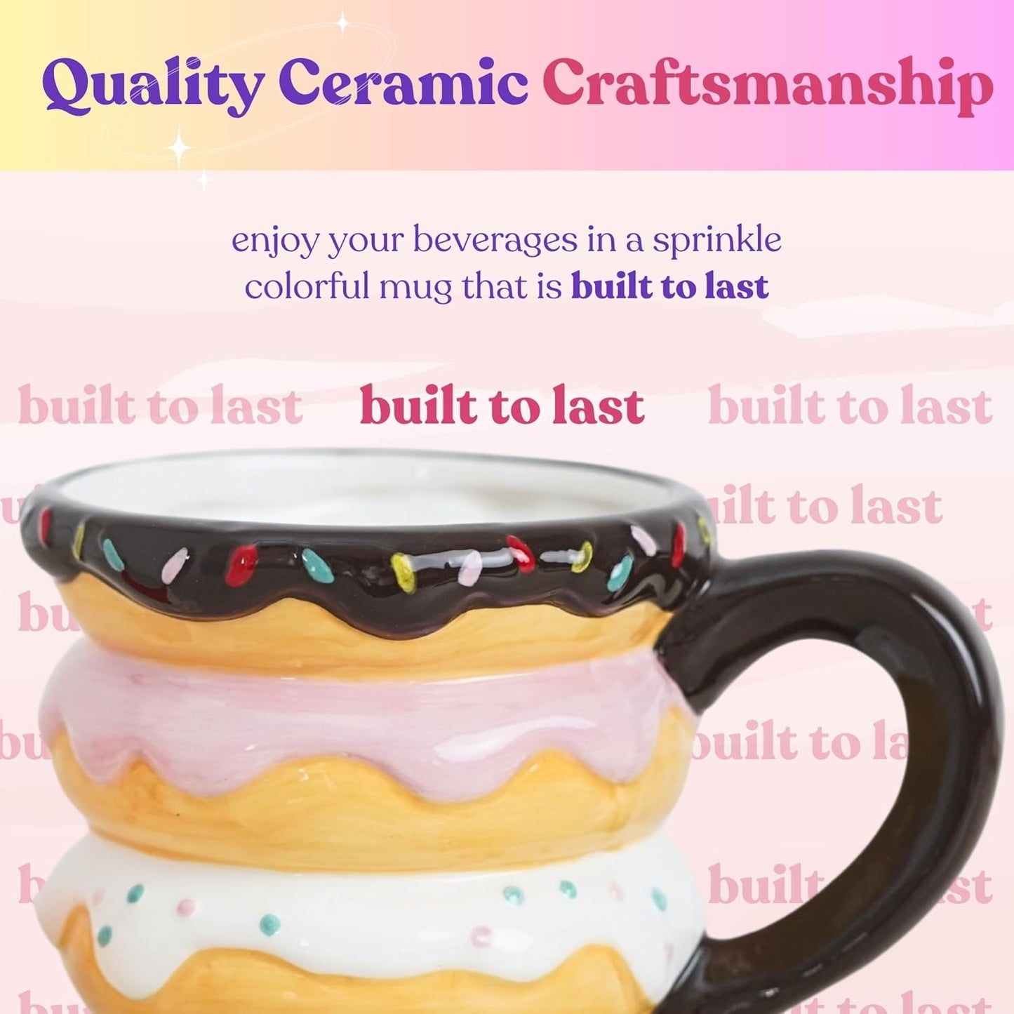 A colorful ceramic donut-shaped mug with a sprinkle design, emphasizing durability and quality craftsmanship for enjoying beverages.