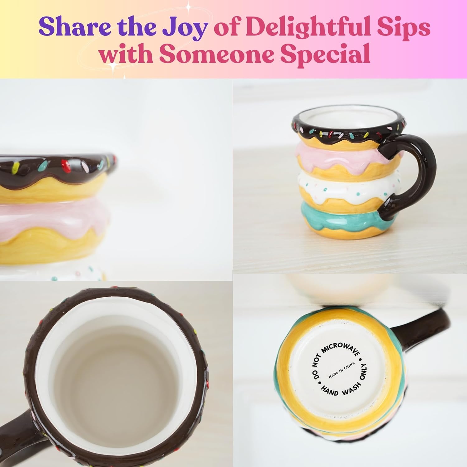 A collage of 4 photos featuring a colorful donut-themed mug with chocolate, pink, and teal icing, perfect for delightful sips.