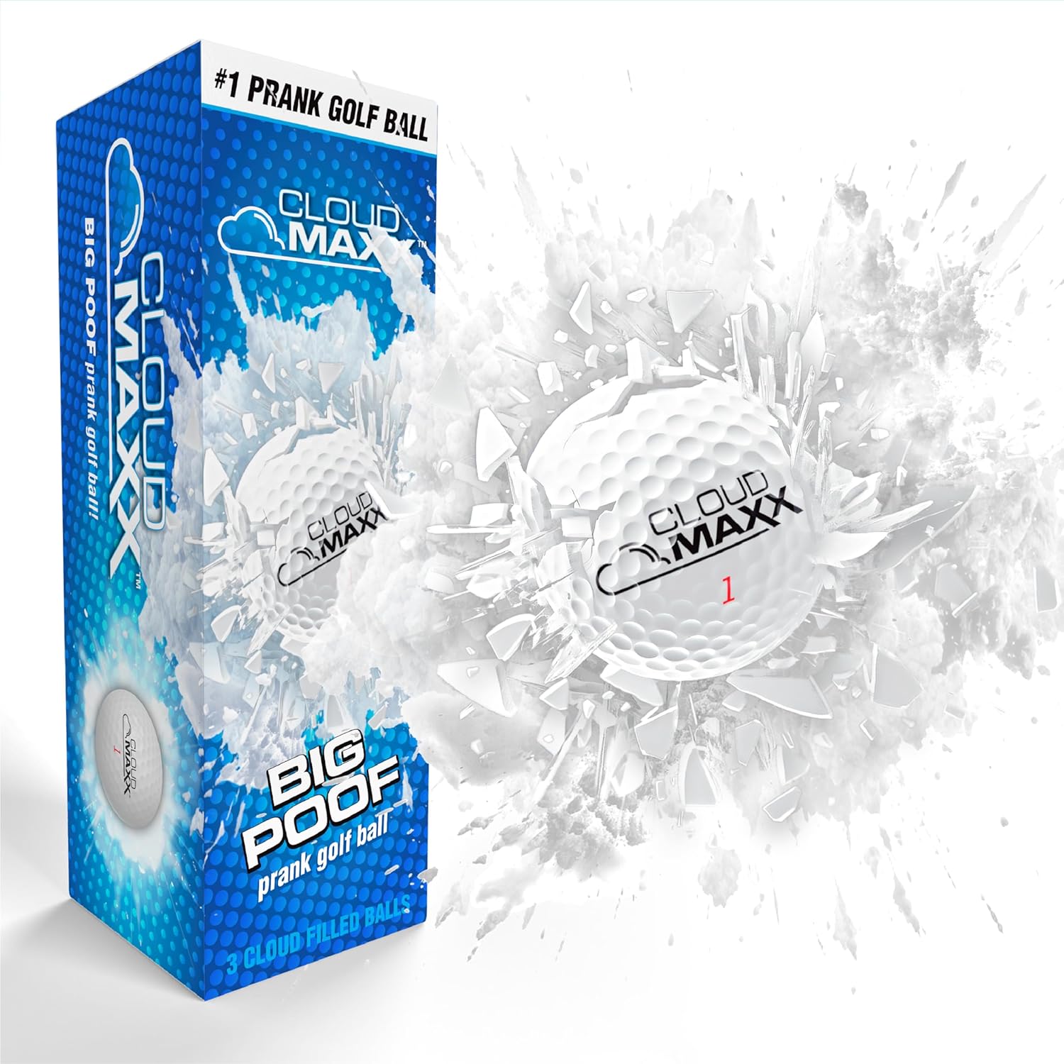 Blue box labeled "#1 Prank Golf Ball" with "CloudMax" and "Big Poof" text, showing a golf ball exploding into white cloud fragments. Text indicates 3 cloud-filled prank golf balls.