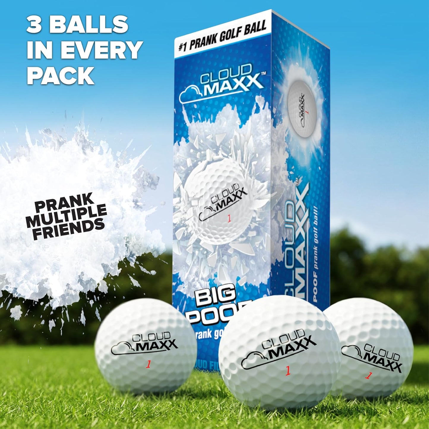 Blue box labeled "#1 Prank Golf Ball" with "CloudMax" and "Big Poof" text, next to three white golf balls with "CloudMax" logo on green grass. Text: "3 Balls in Every Pack" and "Prank Multiple Friends".