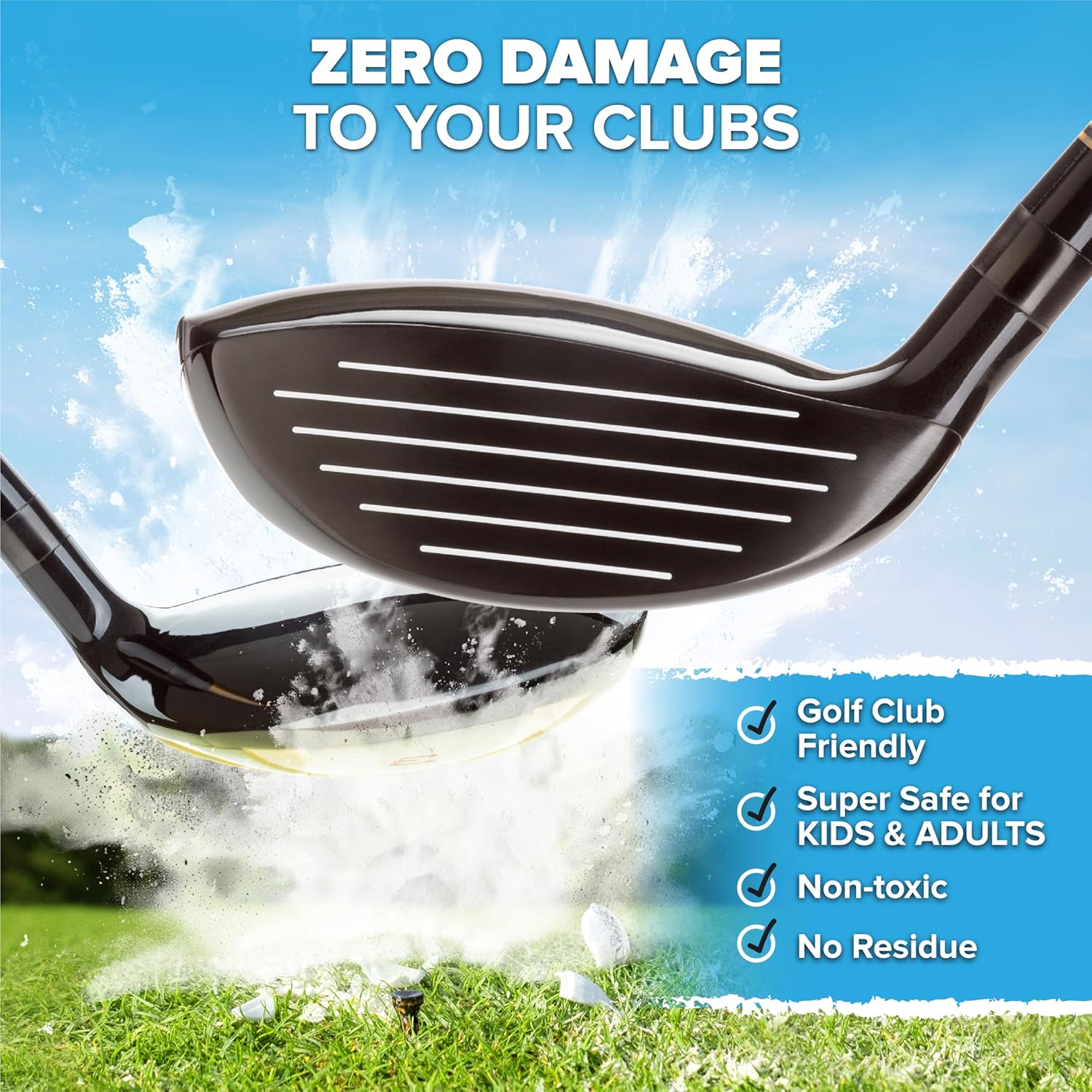 Golf club striking a ball, creating a cloud of smoke on a green course. Text: "Zero Damage to Your Clubs" and checklist: "Golf Club Friendly, Super Safe for Kids & Adults, Non-toxic, No Residue".