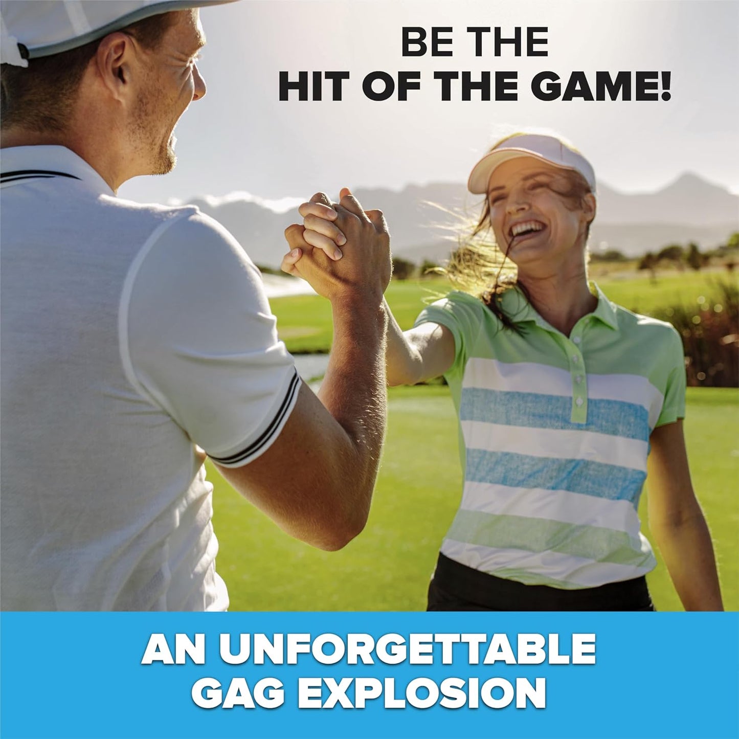 Two golfers fist-bumping on a green course with mountains in the background. Text: "Be the Hit of the Game!" and "An Unforgettable Gag Explosion" in blue banner.