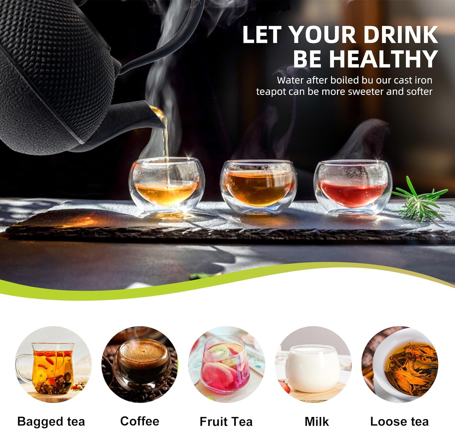 A cast iron teapot pouring steaming tea into glass cups, with text promoting health benefits and images of different beverages.