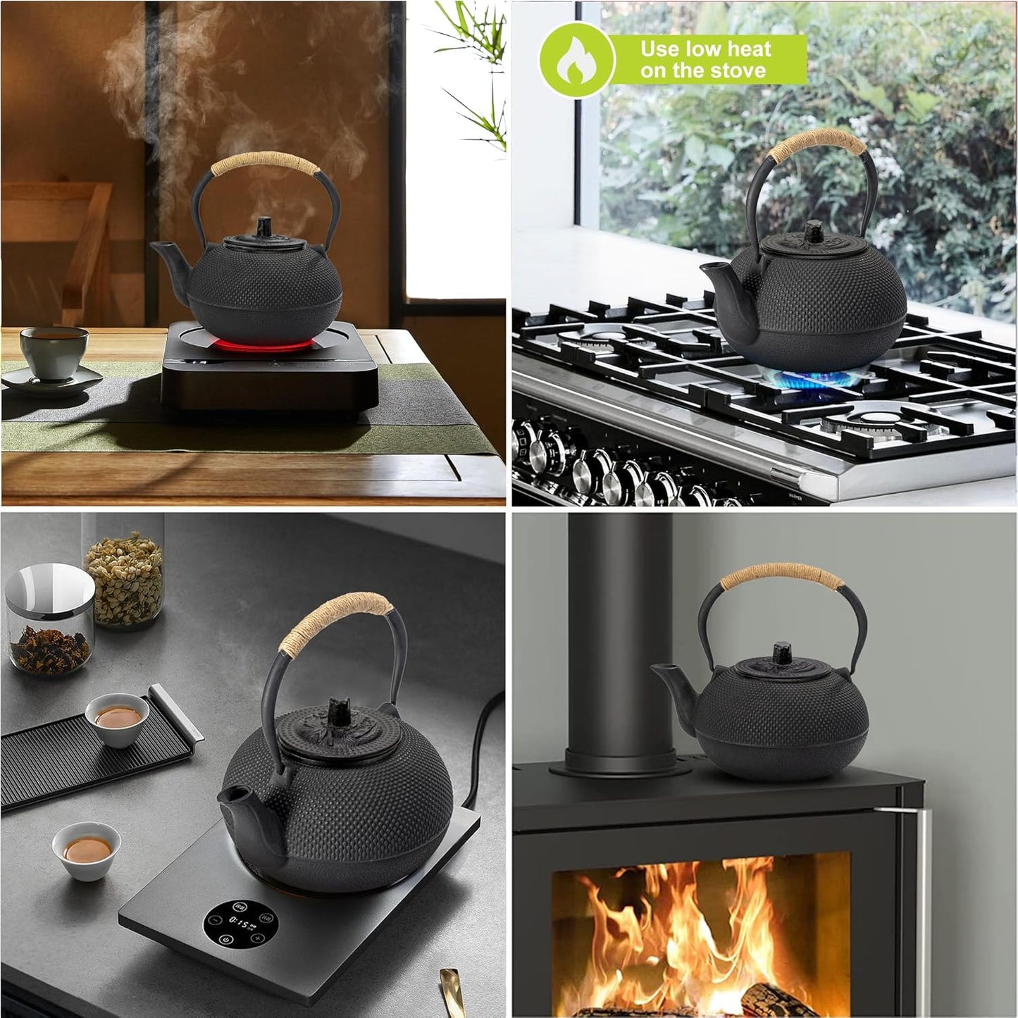  A black cast iron teapot being heated on different heat sources, including a gas stove, induction cooktop, and wood stove.