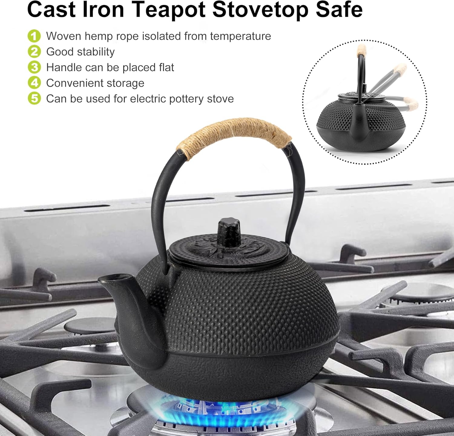 A black cast iron teapot with a woven hemp handle being heated on a gas stove, with text highlighting its stovetop safety features.