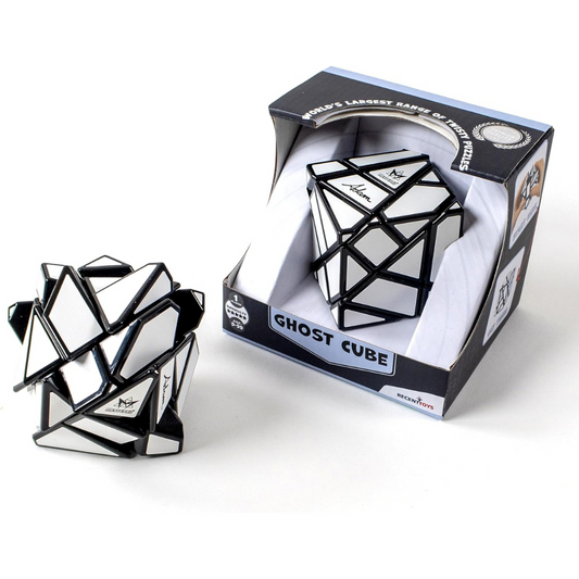 Meffert’s Ghost Cube puzzle in packaging and scrambled, featuring a black geometric design with white stickers.