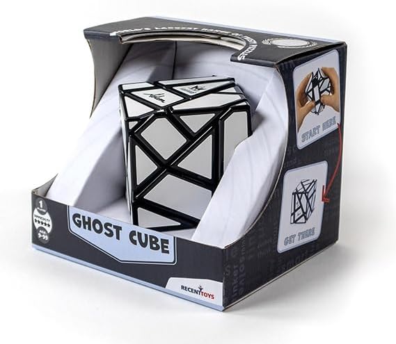 Meffert’s Ghost Cube puzzle in its packaging, featuring a black geometric design with white stickers.