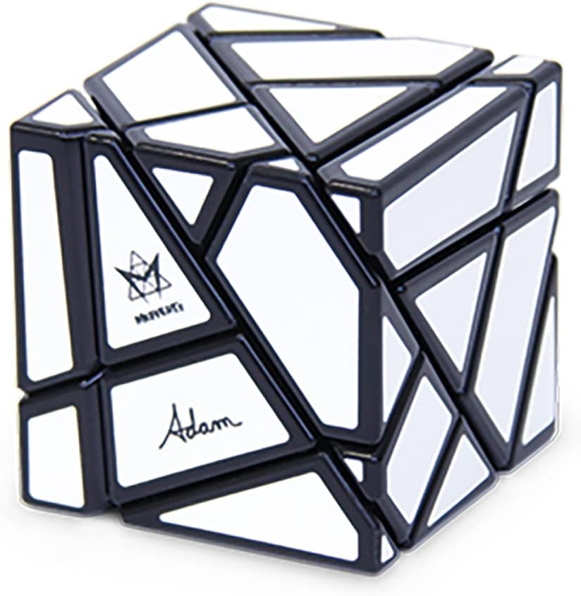 Meffert’s Ghost Cube in its solved state, featuring black geometric edges and white stickers with signature details.