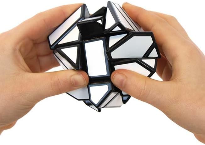 Two hands twisting a scrambled Meffert’s Ghost Cube, a black and white shape-shifting puzzle with irregular geometric pieces.