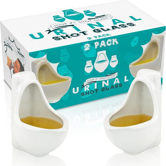 2-pack urinal-shaped shot glasses in box, filled with yellow liquid, humorous design.