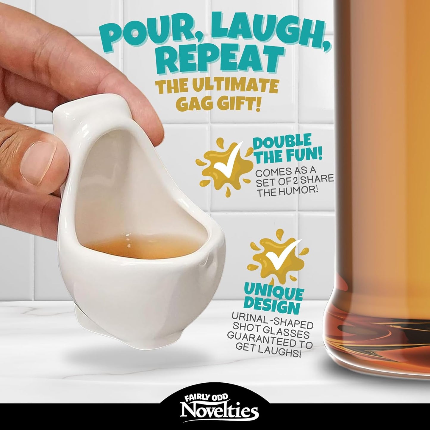 Hand holding urinal-shaped shot glass, humorous gag gift ad, "Pour, Laugh, Repeat" slogan.