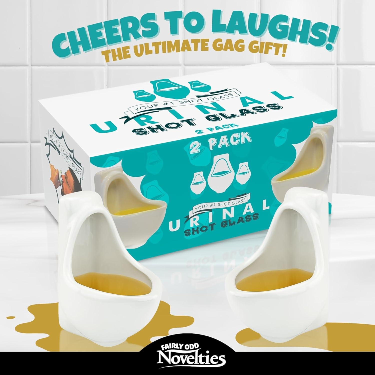 Urinal-shaped shot glasses, 2-pack box, yellow liquid, "Cheers to Laughs!" gag gift.