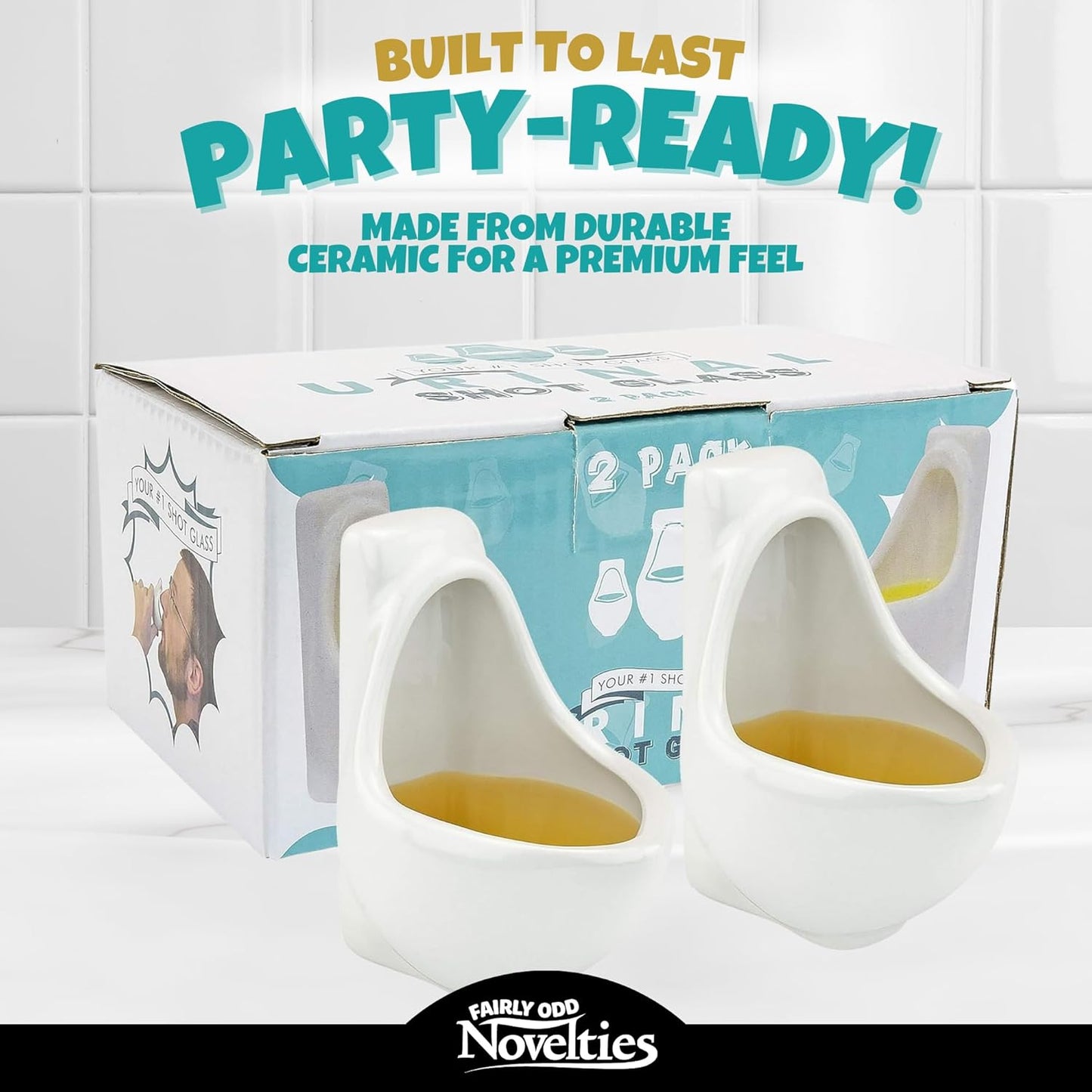 Urinal-shaped shot glasses, 2-pack, durable ceramic, "Party-Ready!" gag gift.