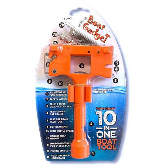 The Ultimate 10-in-1 Boat Tool in orange, packaged with a mounting clip, featuring a drain plug wrench, safety whistle, bottle opener, and other boating essentials.