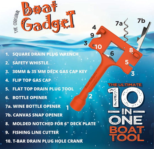 The Ultimate 10-in-1 Boat Tool in orange, displayed against a water-themed background, highlighting its features like a drain plug wrench, safety whistle, and more.