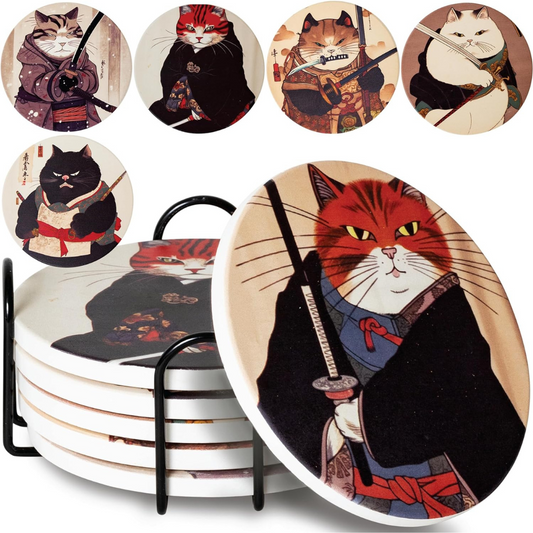 Set of six circular coasters with samurai cat illustrations, featuring cats in traditional Japanese warrior attire with swords, stacked in a black metal holder.