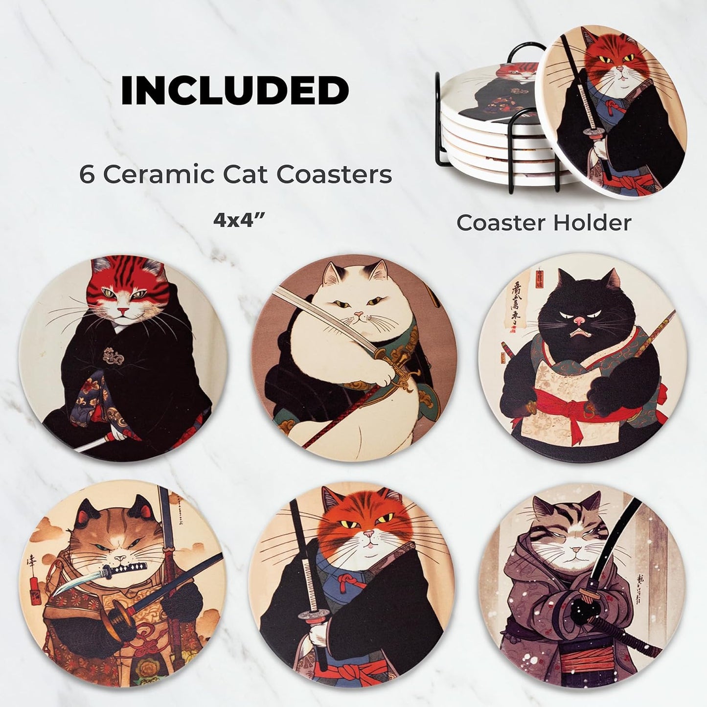 Set of six 4x4-inch ceramic cat coasters with samurai cat designs, featuring cats in Japanese warrior attire with swords, stacked in a black metal holder.