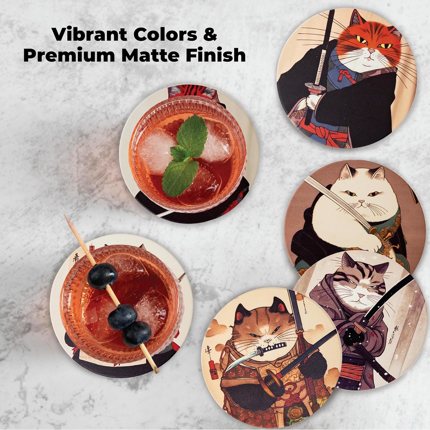 Four ceramic coasters with samurai cat designs, vibrant colors, matte finish, under two glasses with iced drinks, garnished with mint and blueberries.