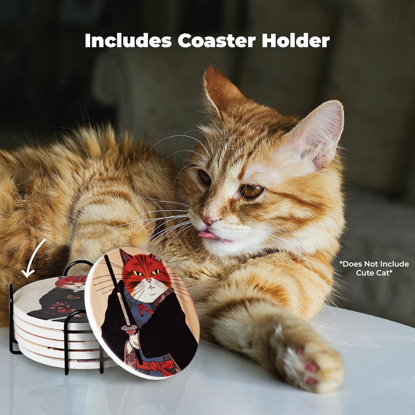 Orange tabby cat next to a stack of ceramic coasters in a black holder, featuring a samurai cat design. Text: "Includes Coaster Holder, Does Not Include Cute Cat".