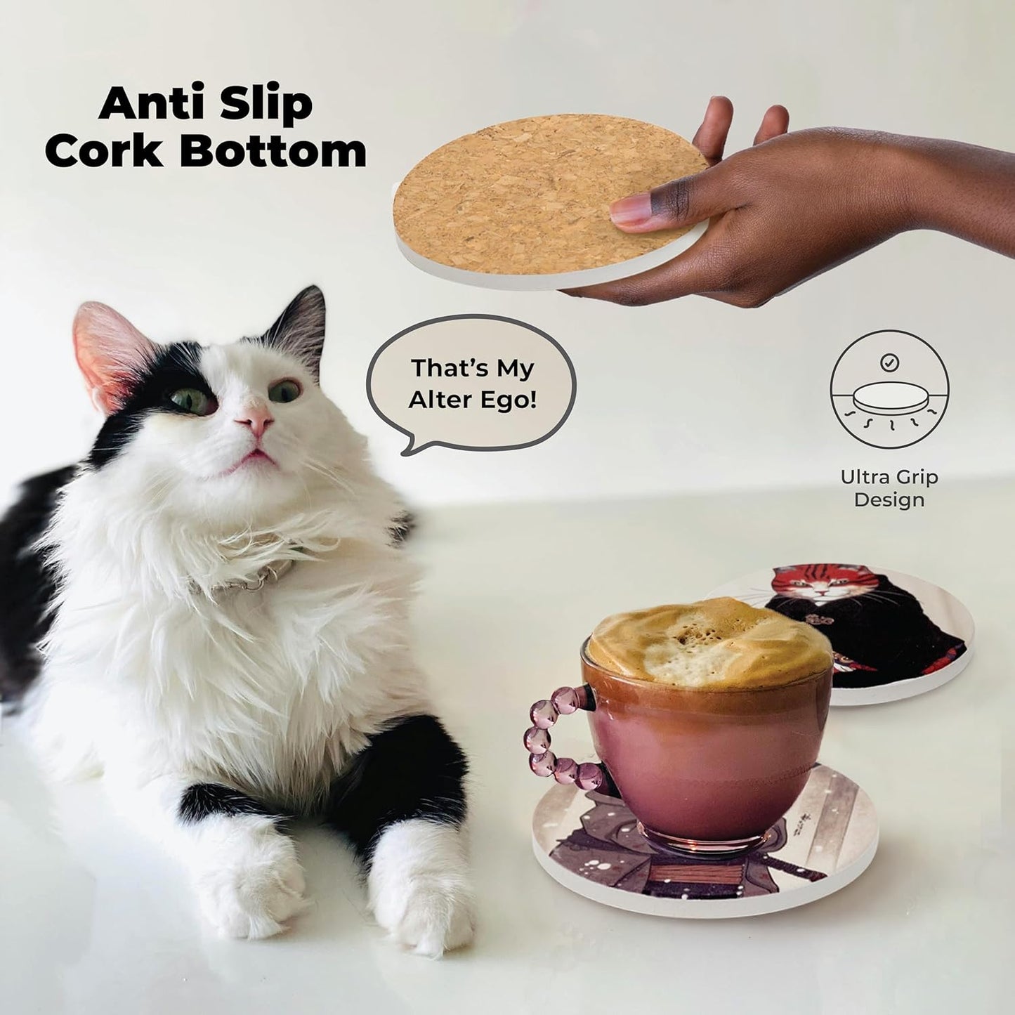 Black-and-white cat with a speech bubble "That's My Alter Ego!" next to a cup on a samurai cat coaster. Hand holds a coaster with an anti-slip cork bottom. Text: "Anti Slip Cork Bottom" and "Ultra Grip Design".