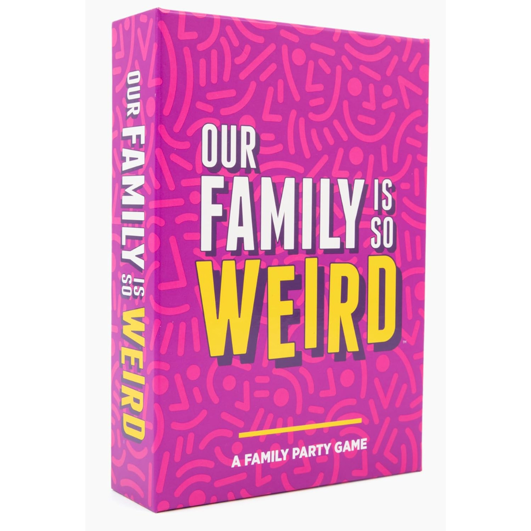 A bright pink box with abstract patterns displaying the title "Our Family is So Weird" in bold white and yellow text. A family party game.