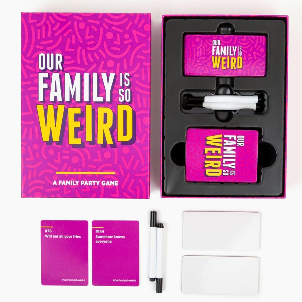 The "Our Family is So Weird" party game box, open to reveal cards, markers, and dry-erase boards, with two sample cards displayed.