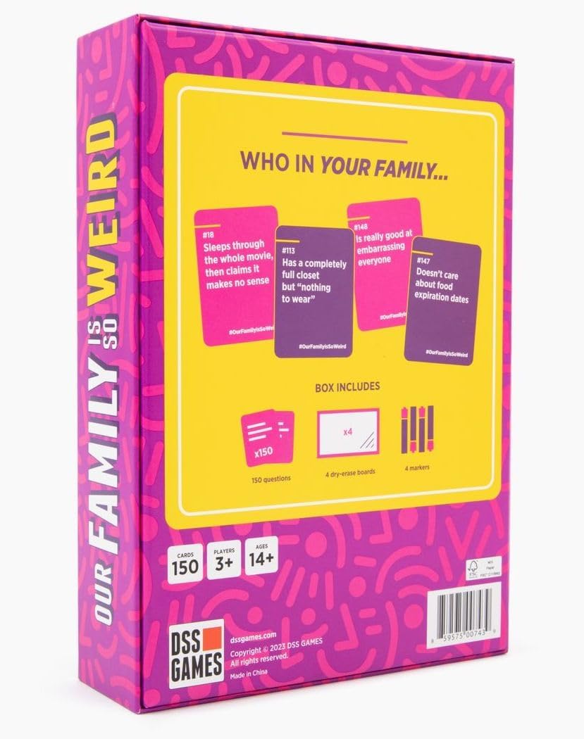 "Our Family Is So Weird" game box, 150 cards, boards, markers, pink/yellow design.