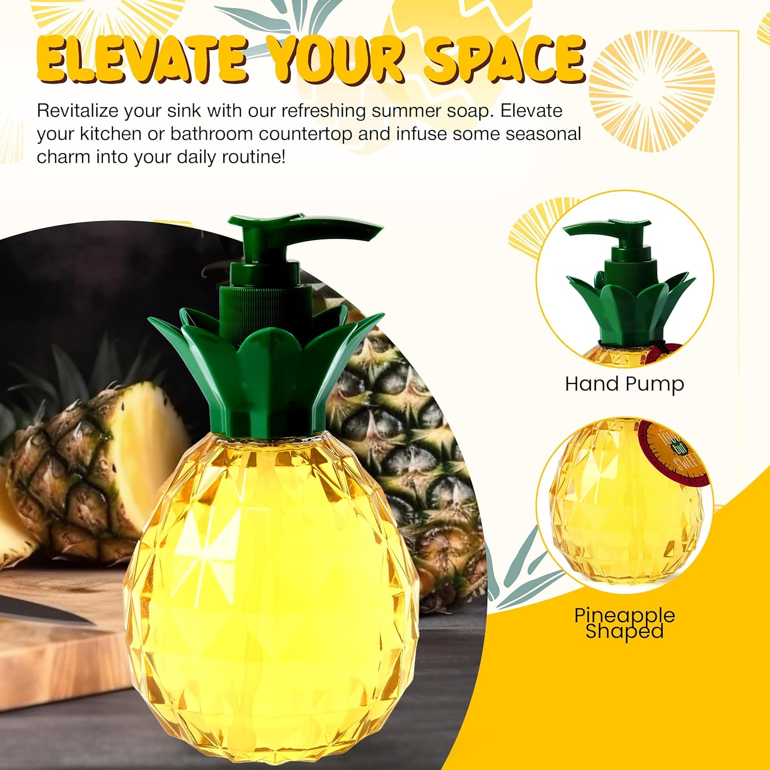 A pineapple-shaped soap dispenser with a hand pump, designed to add a refreshing and decorative touch to kitchen or bathroom spaces.