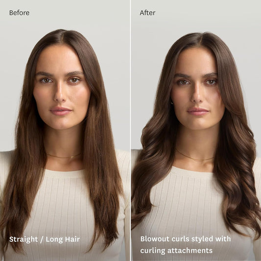  A side-by-side comparison of a woman’s hair before and after styling. On the left, her long, straight hair appears natural and smooth. On the right, after using curling attachments, her hair has voluminous, soft blowout curls. The transformation highlights the effectiveness of the styling tool in creating defined waves while maintaining a natural, glossy finish. The text on the image labels the left side as "Straight / Long Hair" and the right side as "Blowout curls styled with curling attachments.