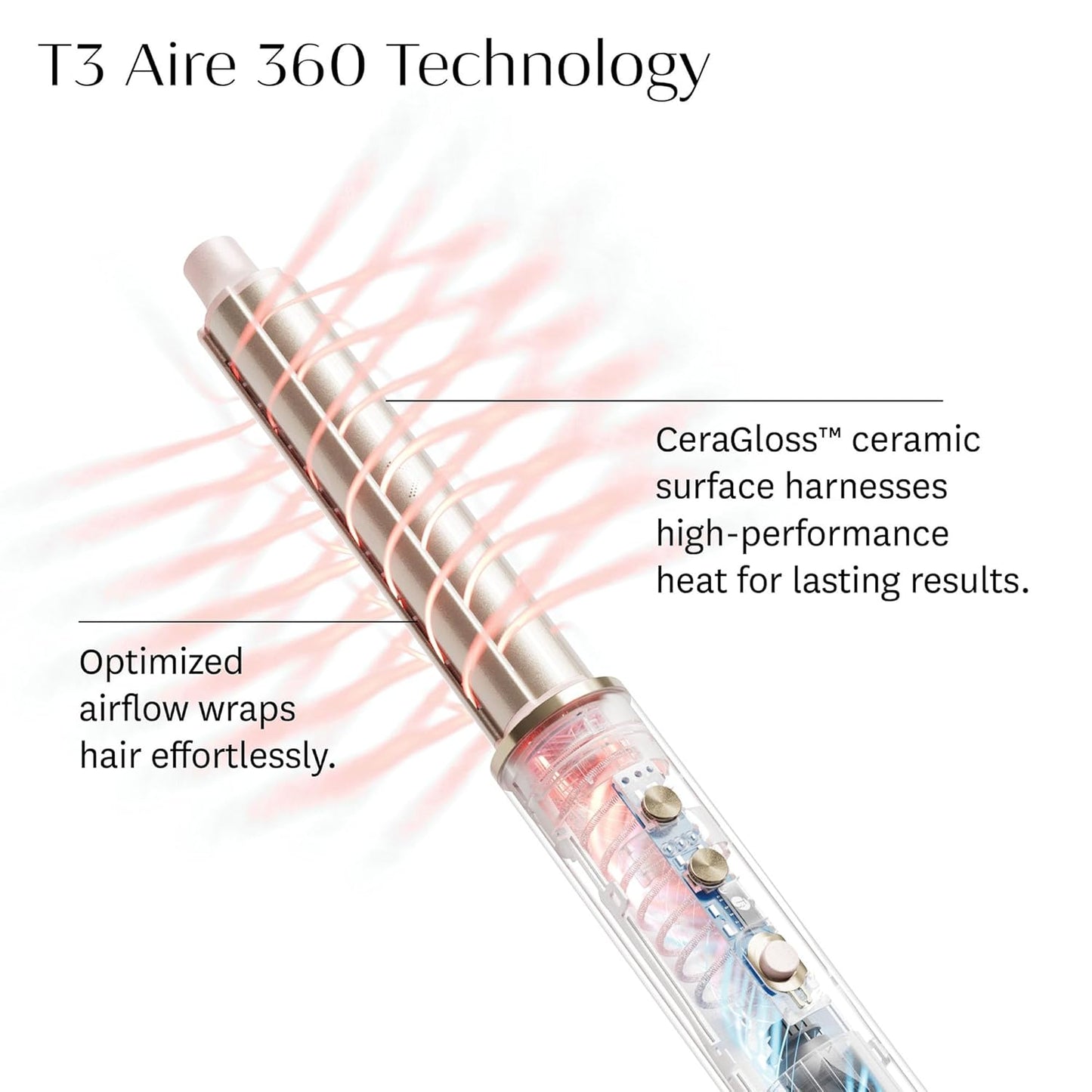 Close-up of the T3 Aire 360 styler, showing optimized airflow and CeraGloss™ ceramic surface for lasting heat styling.