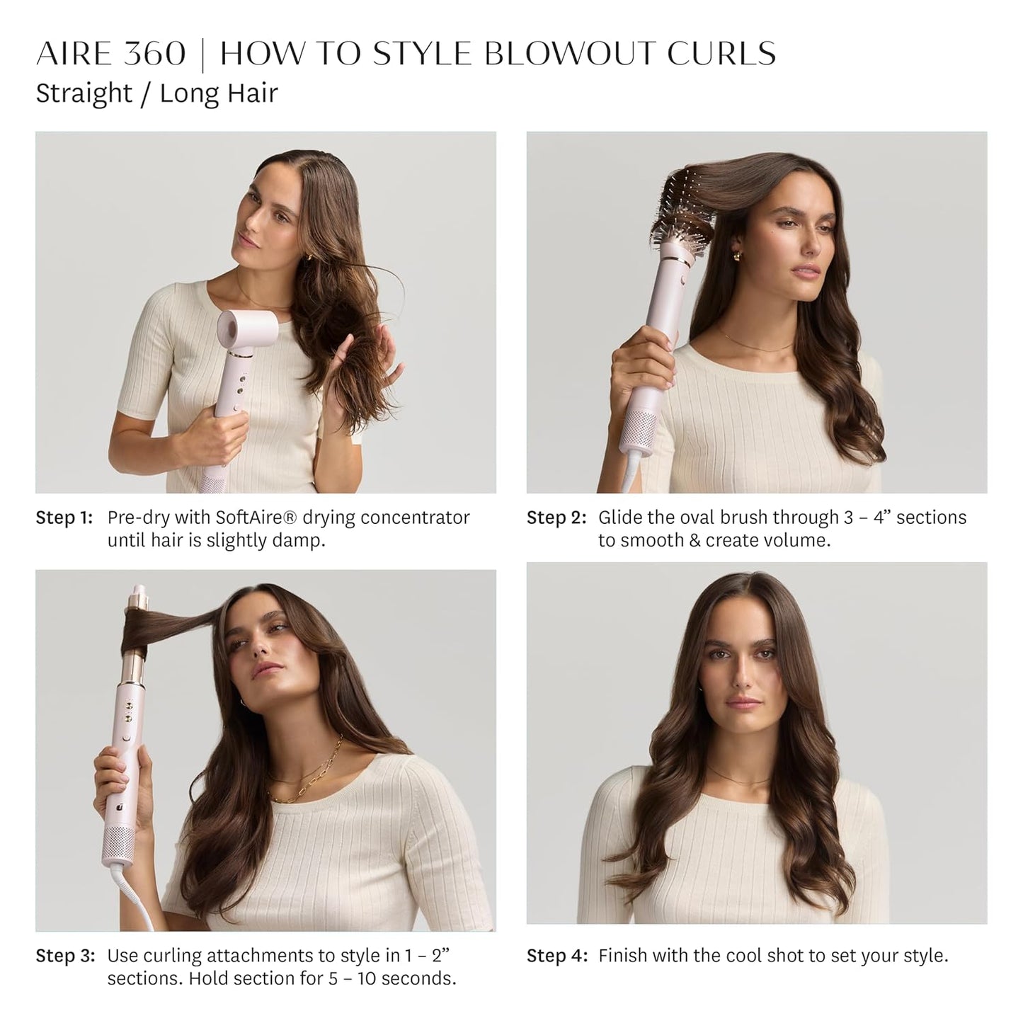 Step-by-step guide to styling blowout curls using the T3 Aire 360, featuring drying, brushing, curling, and setting.