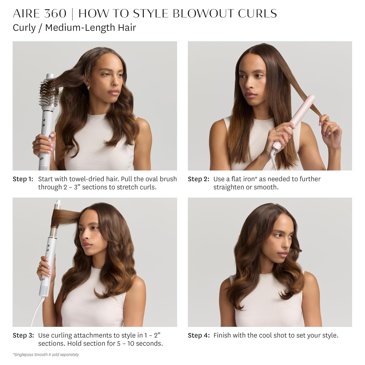  Step-by-step guide to styling blowout curls for curly, medium-length hair using the T3 Aire 360, brush, flat iron, and curling tools.