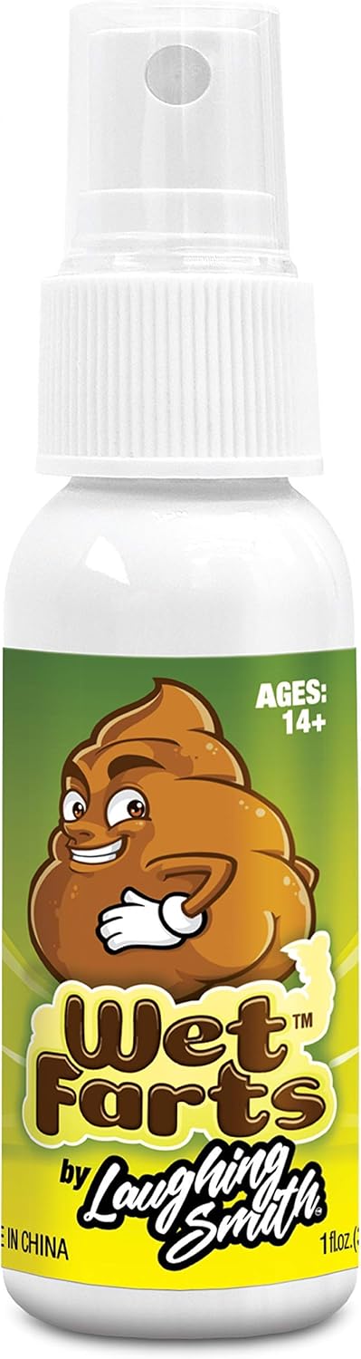 Spray bottle labeled "Wet Farts" by Laughing Smith with a cartoon poop character. Text: "Ages: 14+" and "1 fl. oz."