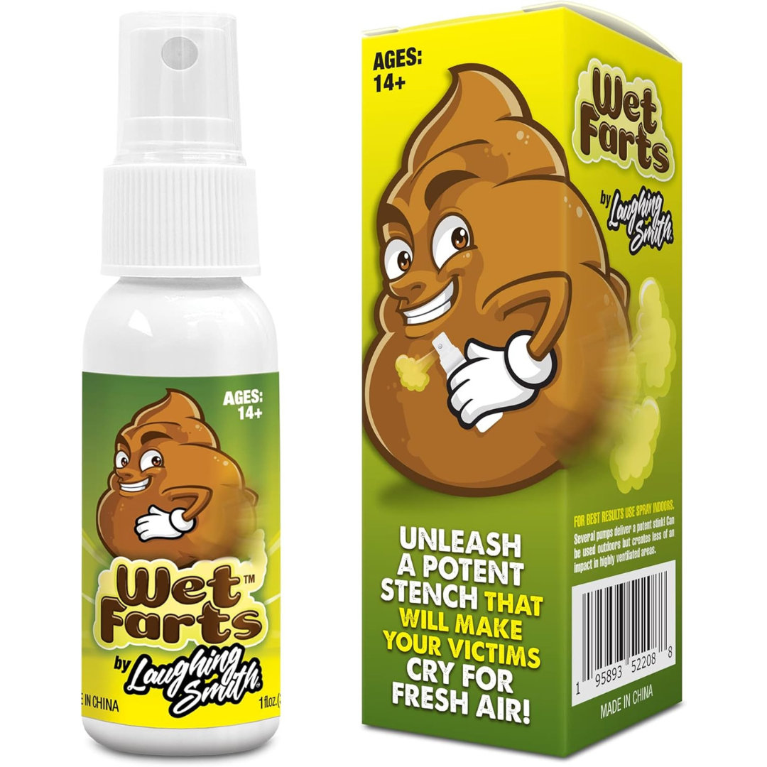 Spray bottle and box of "Wet Farts" by Laughing Smith, featuring a cartoon poop character. Text: "Unleash a potent stench that will make your victims cry for fresh air!" and "Ages: 14+". Made in China.