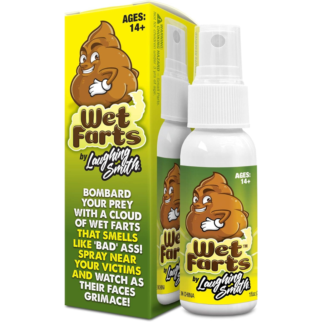 One spray bottle and a box of "Wet Farts" by Laughing Smith with a cartoon poop character. Text: "Bombard your prey with a cloud of wet farts that smells like 'bad' ass! Spray near your victims and watch their faces grimace!" Ages 14+.