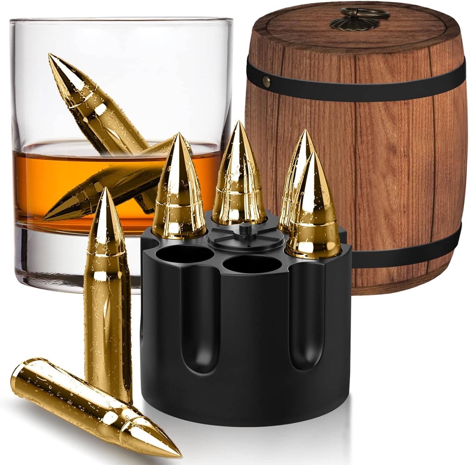 A set of whiskey stones shaped like bullets and two of the stones are in a glass of whiskey.