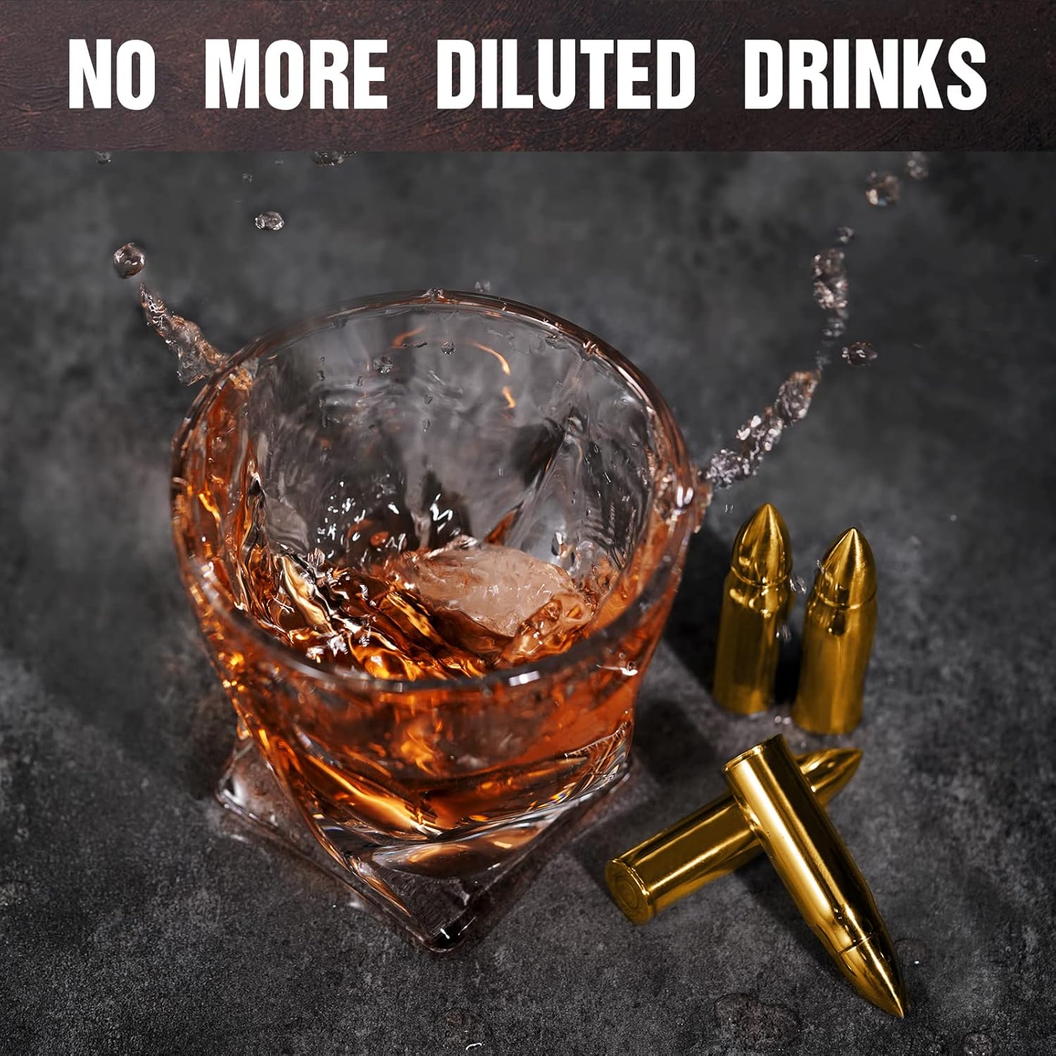 A glass of splashing whiskey with four bullet shaped whiskey stones beside the glass.