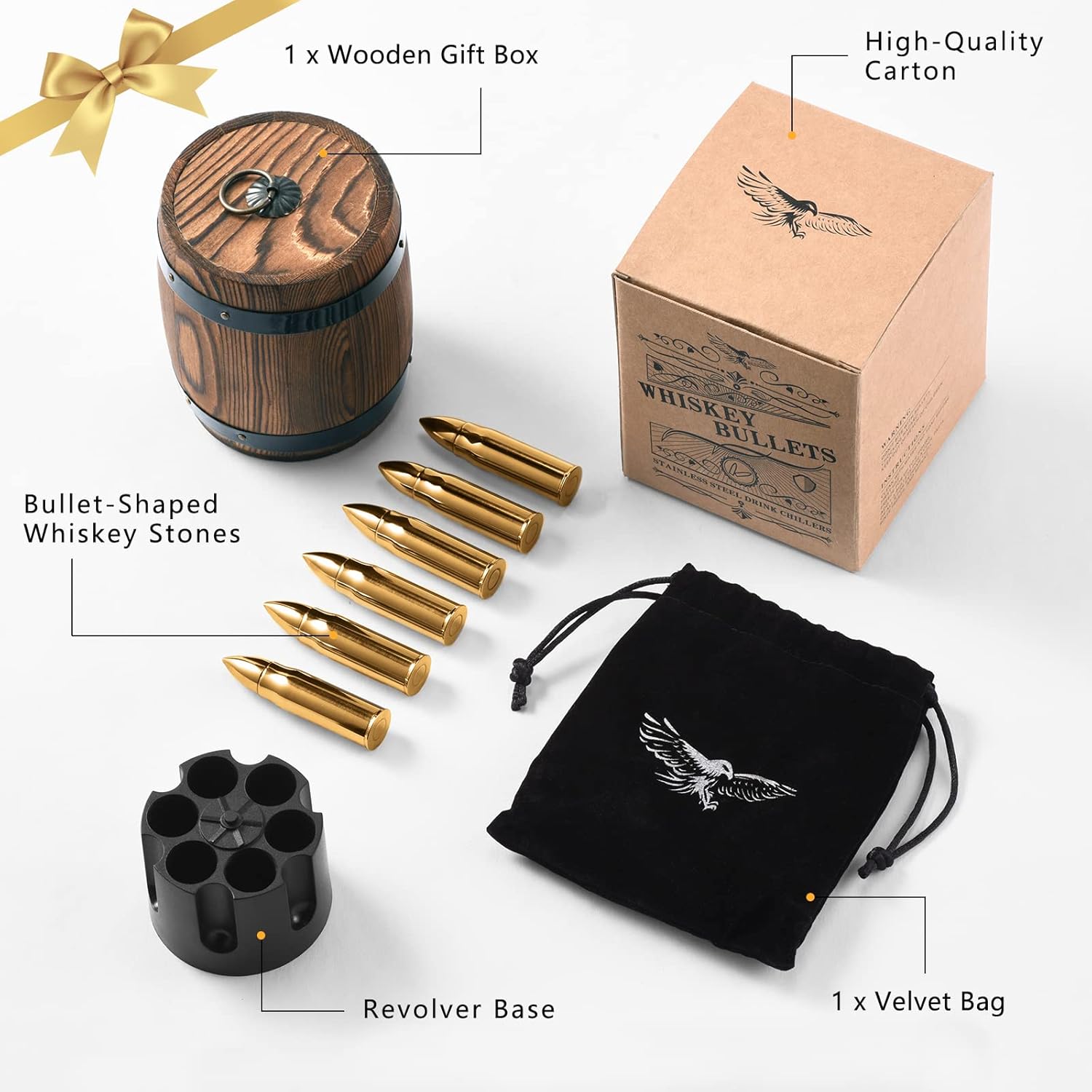 A whiskey stone gift set featuring bullet-shaped whiskey stones. The set includes a wooden barrel-shaped gift box, a high-quality carton with "Whiskey Bullets" branding, six gold-colored bullet-shaped whiskey stones, a black revolver-style base for holding the stones, and a black velvet drawstring bag with an eagle logo. The labeled components highlight the different items included in the set.