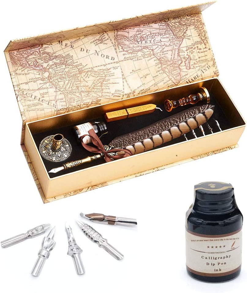 An antique quill pen set which is boxed up. The set includes a feather quill dip pen, a bottle with black ink, a pen holder, five nibs, one seal stamp and wax