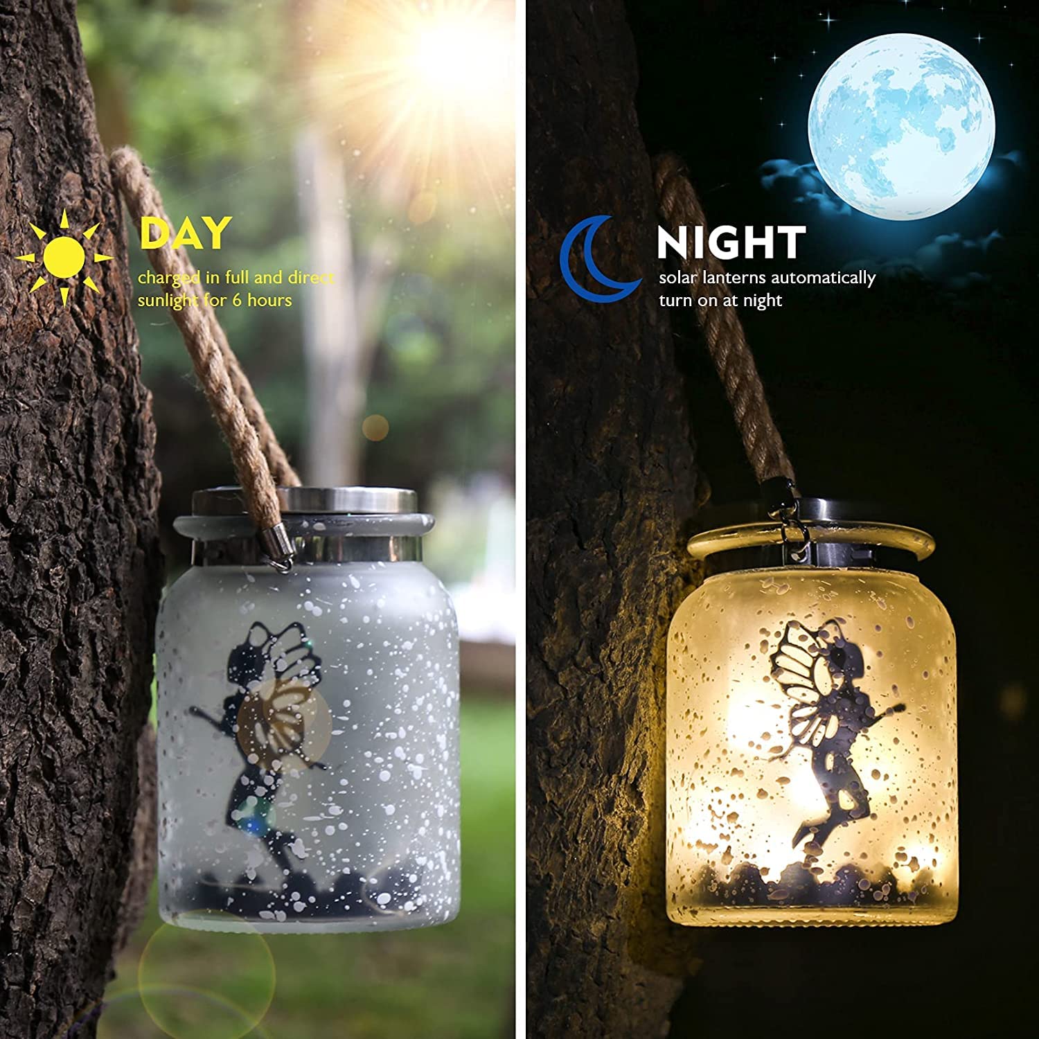 Day and night examples of a solar jar with a fairy and lights inside. One is shown in the sun, the other is shown at night.