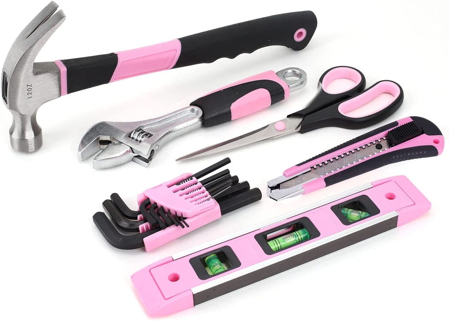 Various pink DIY tools from a 220-piece ladies tool set are laid out on a white background.