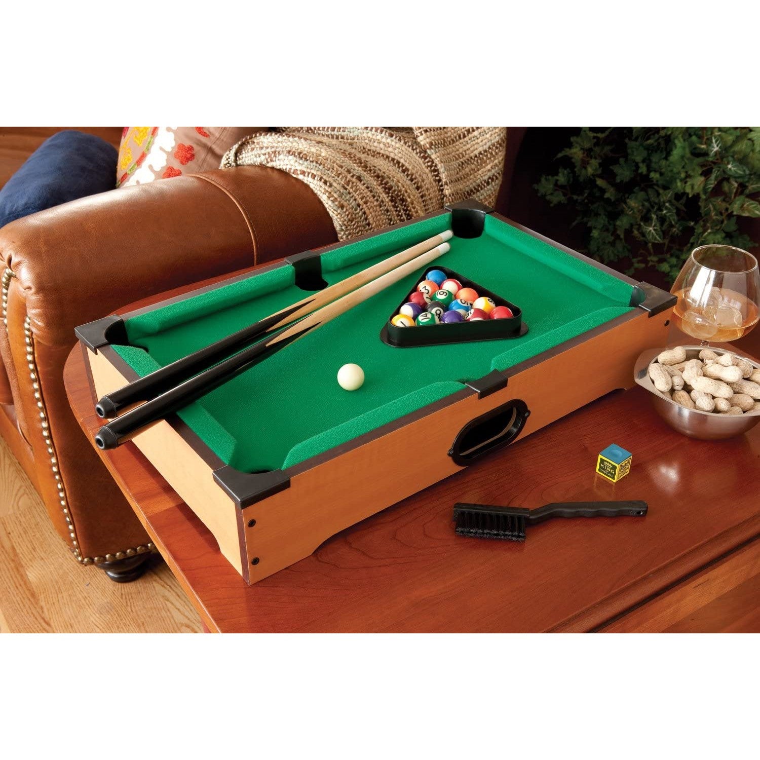 Portable and convenient, this table-top billiards mini game